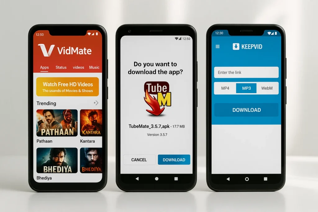 Contoh aplikasi populer untuk download MP3 dari YouTube di Android- VidMate, TubeMate, dan KeepVid