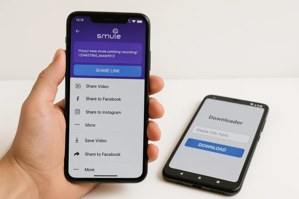 Langkah menyalin link lagu di Smule lalu menempelkannya ke aplikasi downloader di Android