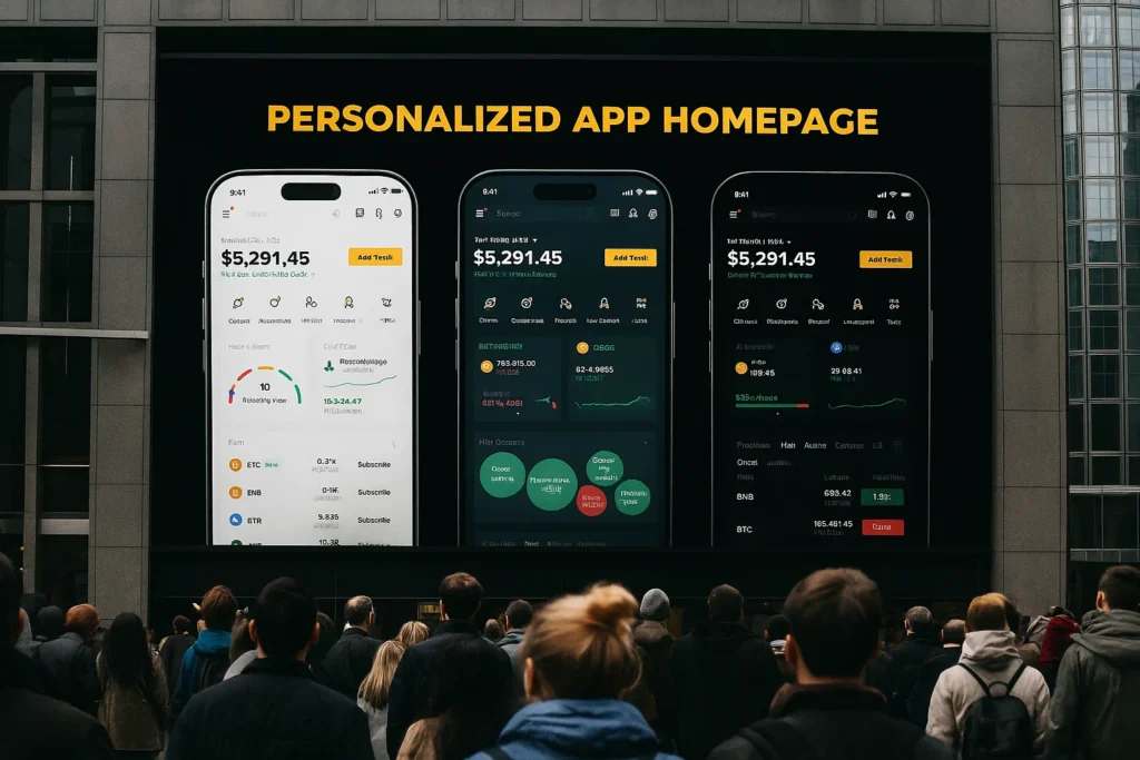 Banyak orang sedang melihat monitor besar berisi tampilan UI terbaru Binance yang di dukung AI