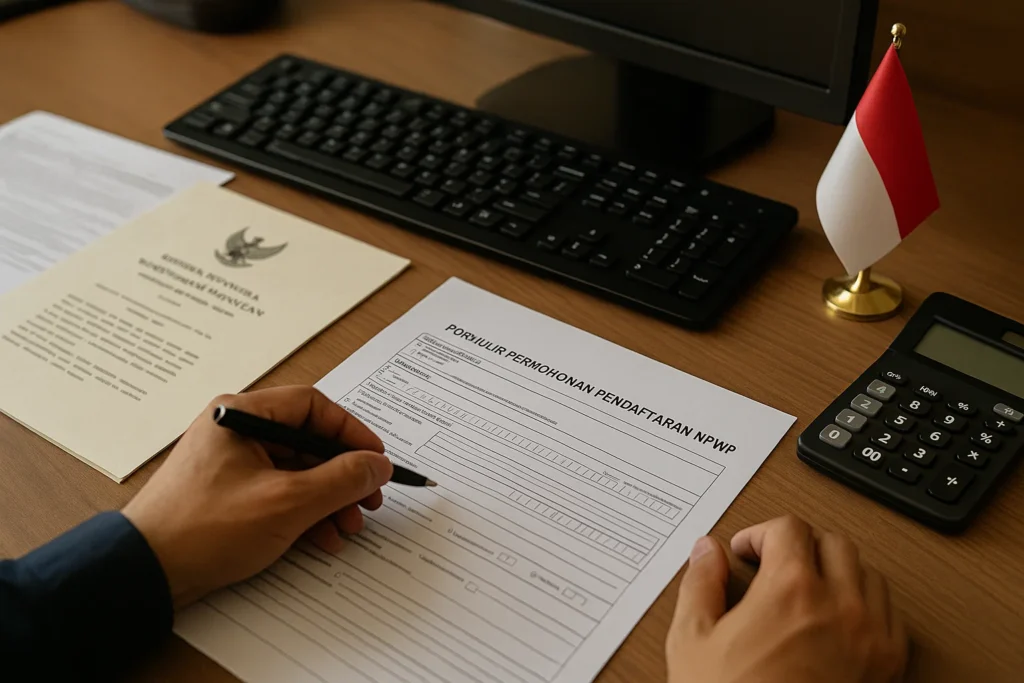 Formulir pendaftaran NPWP di atas meja kerja – dokumen pajak Indonesia