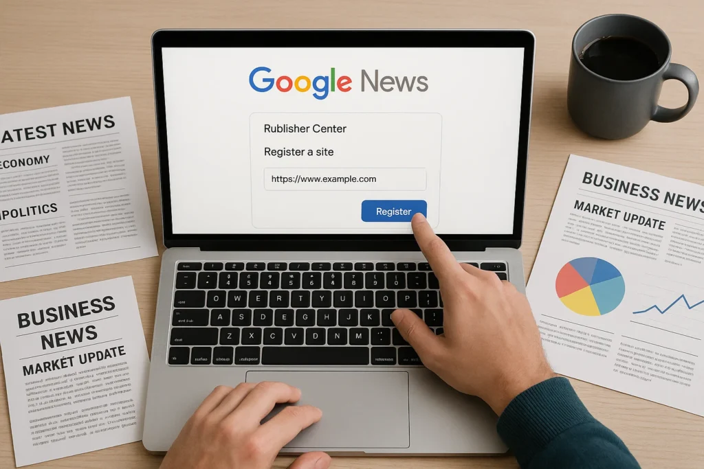 Ilustrasi dashboard Publisher Center Google News di laptop — registrasi situs berita