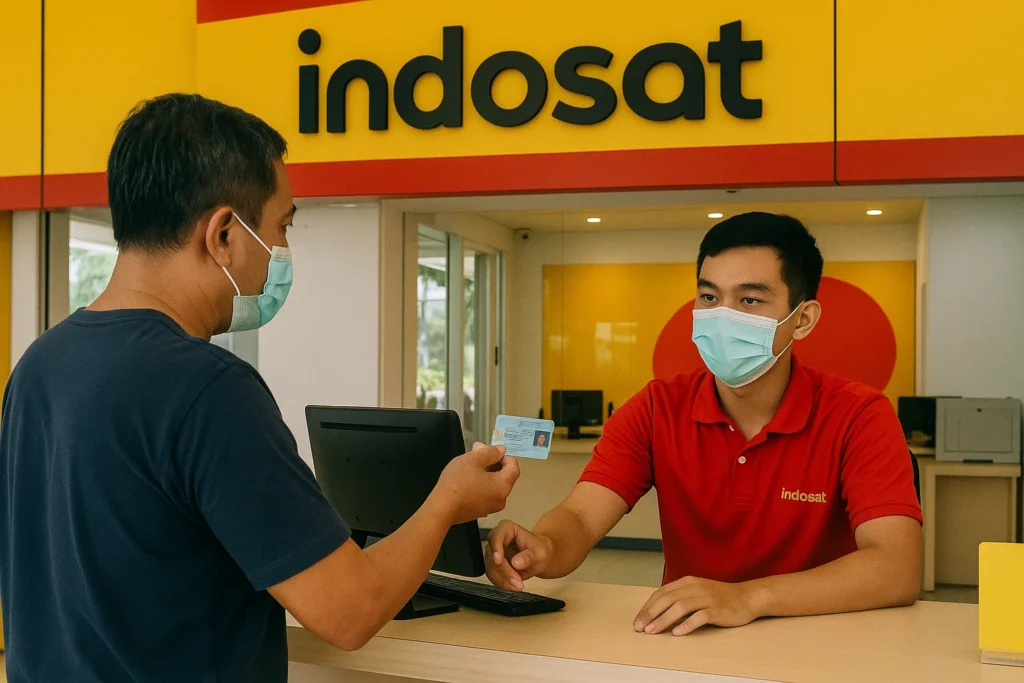 Ilustrasi proses pendaftaran kartu Indosat menggunakan KTP di gerai resmi