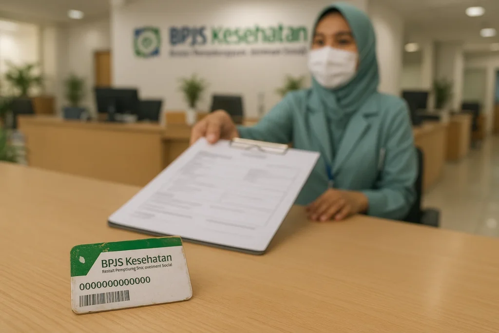 Ilustrasi realistis kartu BPJS Kesehatan yang hilang dari dompet, diletakkan di meja pelayanan kantor BPJS, tampak petugas memberikan formulir, latar ruangan pelayanan umum yang terang dan rapi