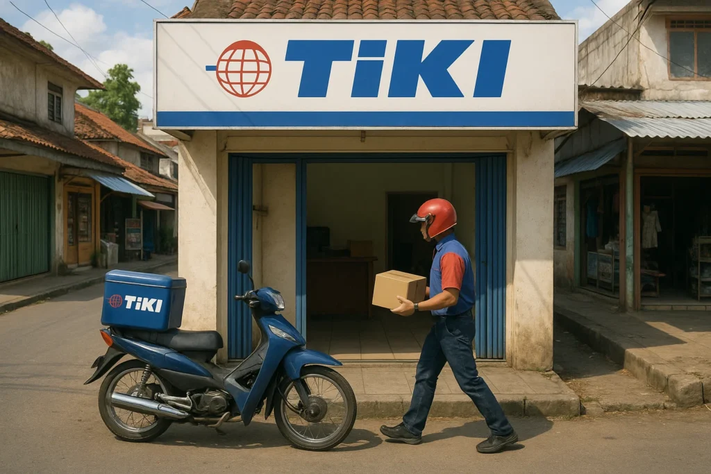 Ruko agen TIKI di pinggir jalan lengkap dengan motor dan paket siap dikirim