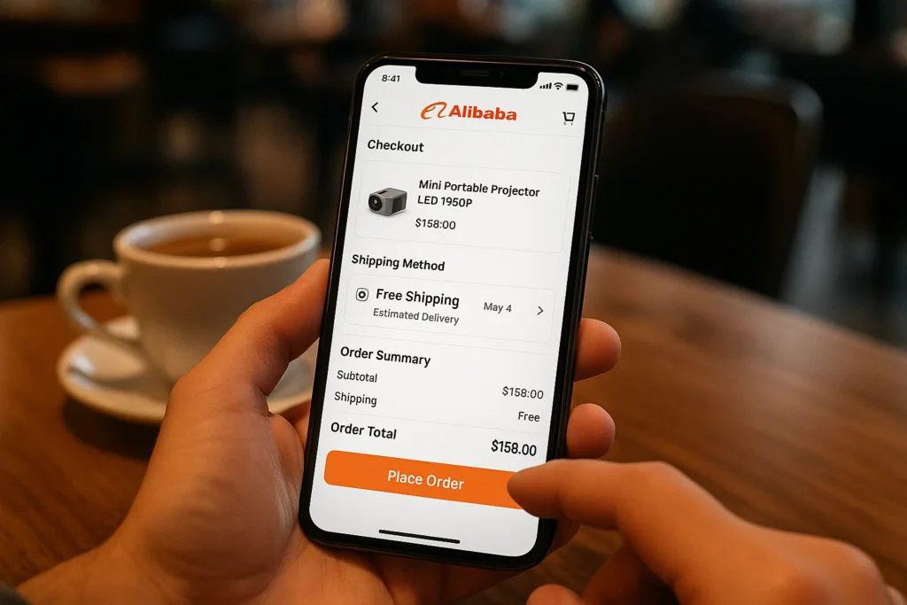 Tampilan aplikasi Alibaba saat proses checkout produk dengan gratis ongkir
