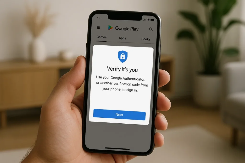 autentikasi akun google play store - masuk dengan email - aktifkan dua faktor - gunakan sidik jari