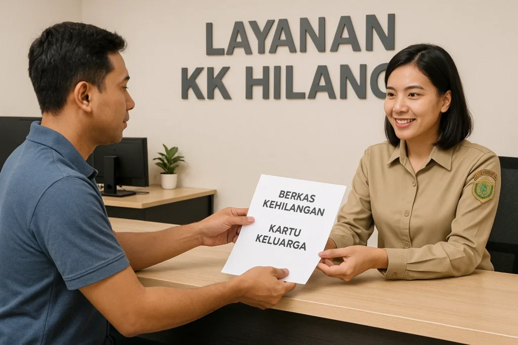 cara mengurus kartu keluarga yang hilang - siapkan surat kehilangan dari polisi - bawa ktp dan dokumen keluarga - urus langsung ke disdukcapil atau via aplikasi siak